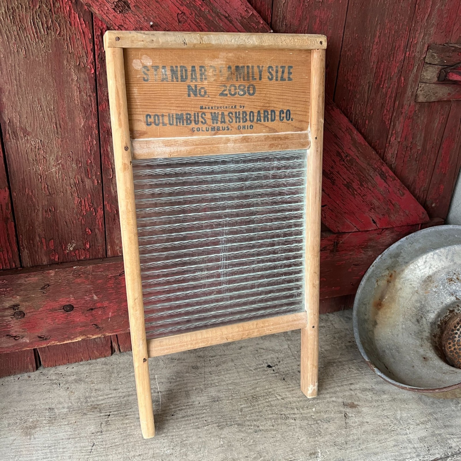 Vintage Columbus Washboard Co. No. 2080 Glass & Wooden Washboard 24"x12"