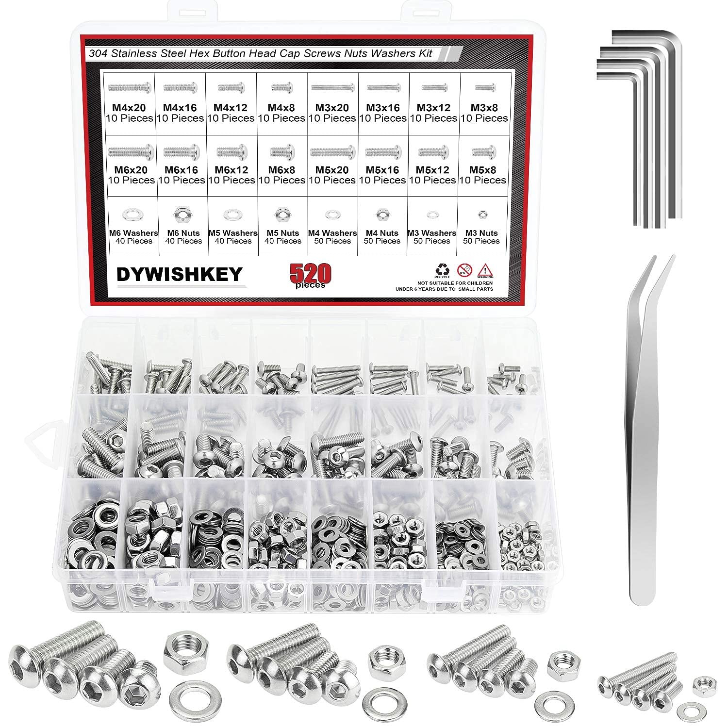 520 PCS M3 M5 M6, 304 Stainless Steel Hex Button Head Cap Bolts Screws Nuts W...