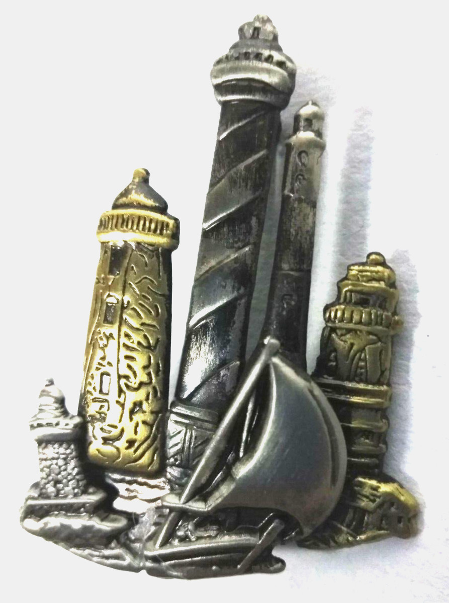 Vintage Gold & Silver Lighthouse Sailboat Lapel Tie Pin Ocean Rocky Brooch