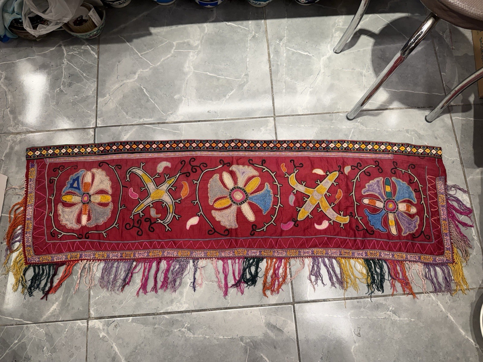 Vintage Uzbek lakai Suzani embroidered textiles, table runner, Wall Hanging