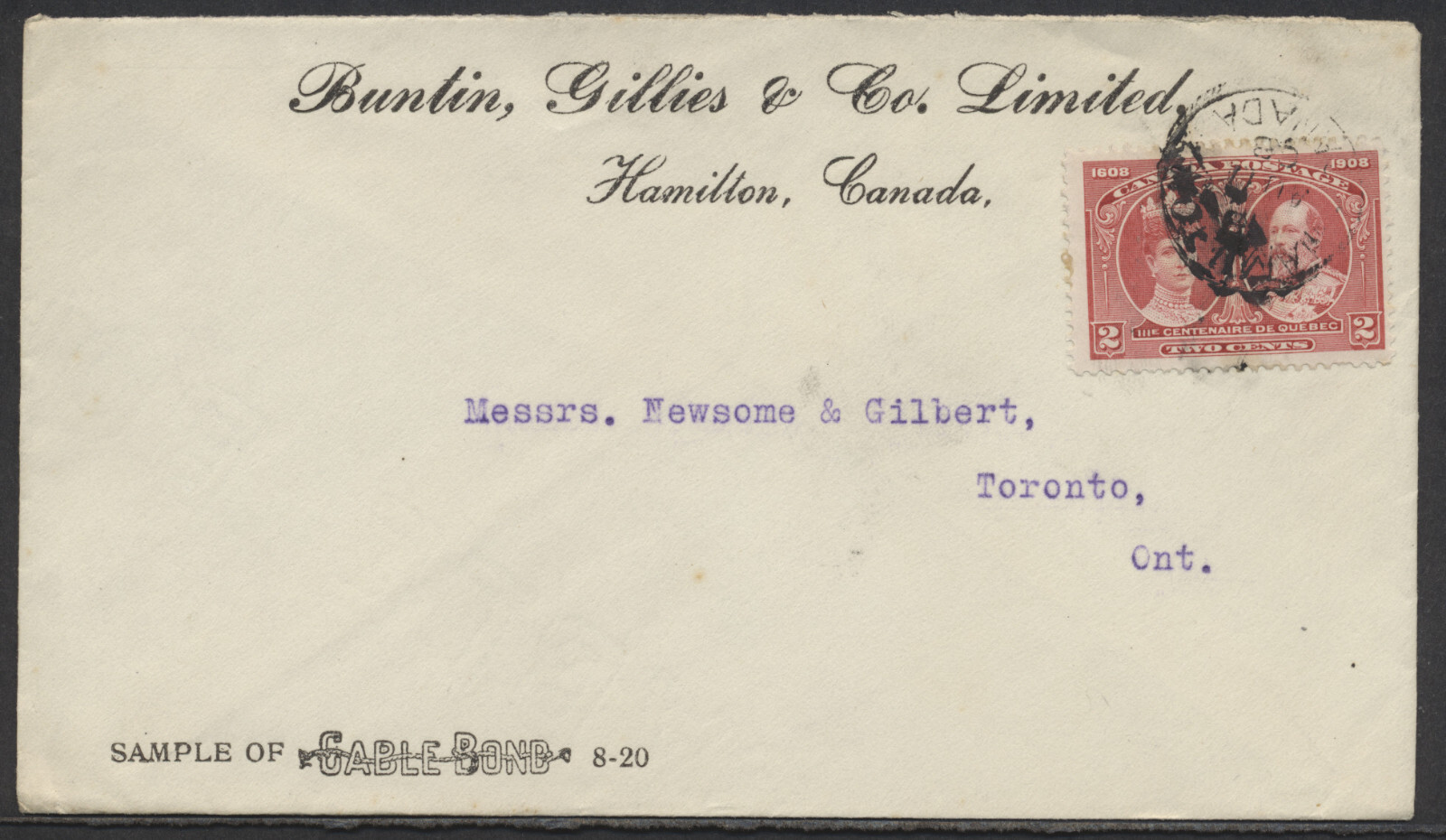 1908 Buntin Gillies Cable Bond Advertising Cover Hamilton ONT #98 2c Quebec