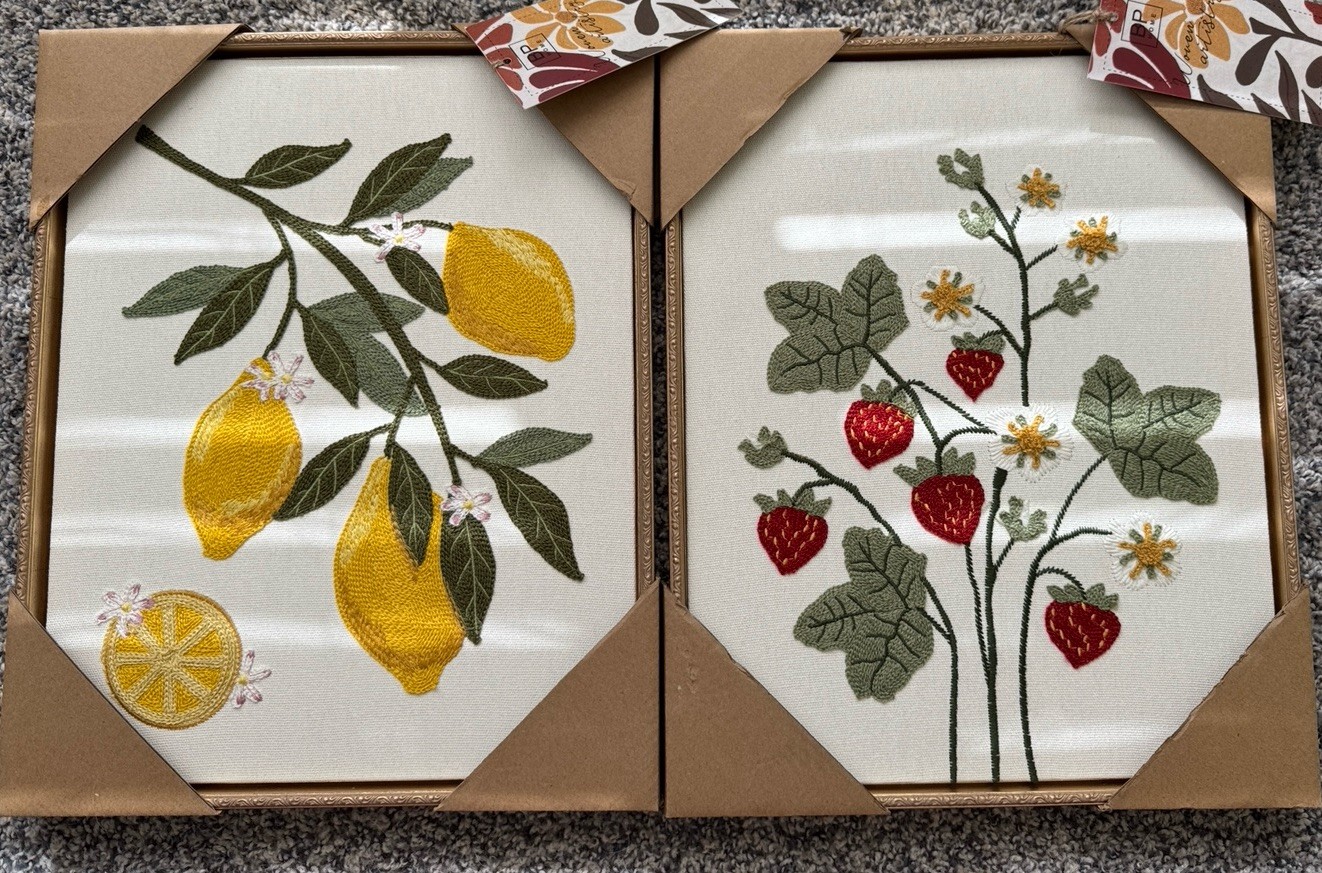 BP Home Embroidered Framed Wall Art Lot 2 Strawberry Lemon Botanical New