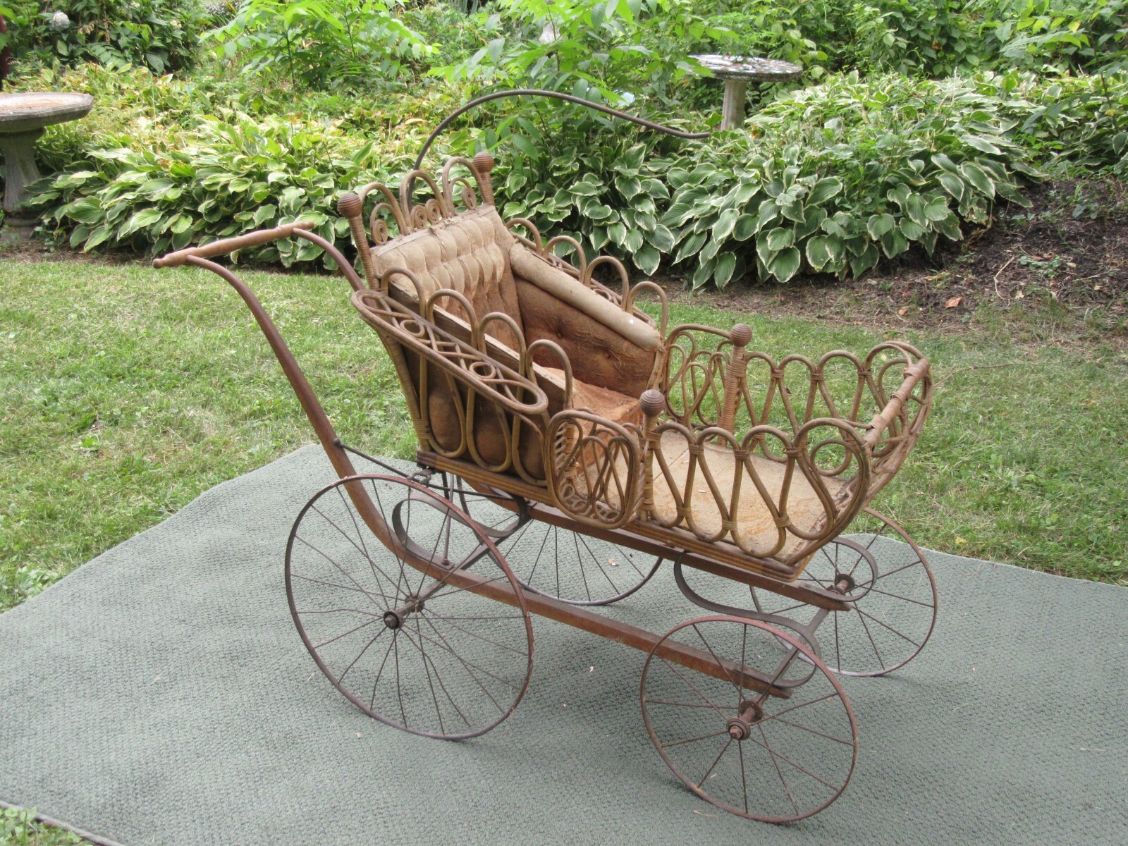 Antique Victorian Wakefield Wicker Rattan Baby Carriage Buggy - Doll Display