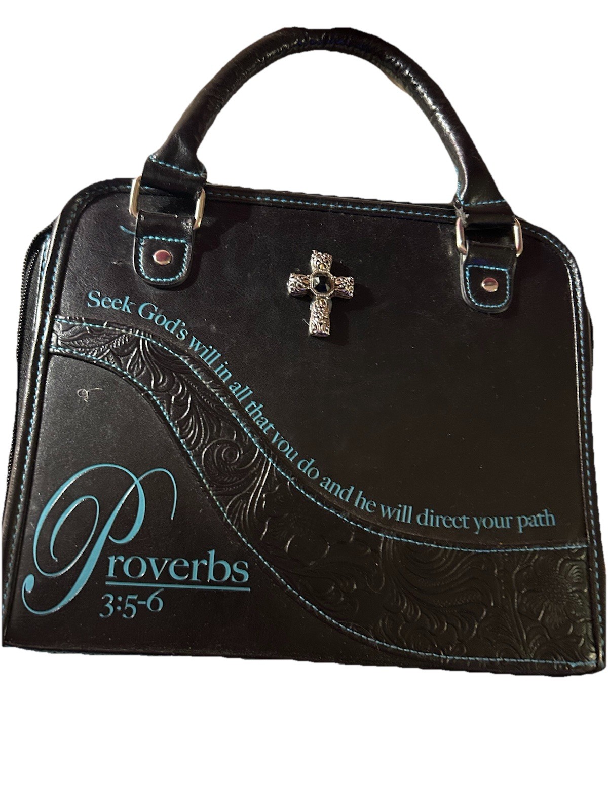 Bible Cover  w/Embroidered Teal Scripture, Black, Silver Cross Guardian Angelz