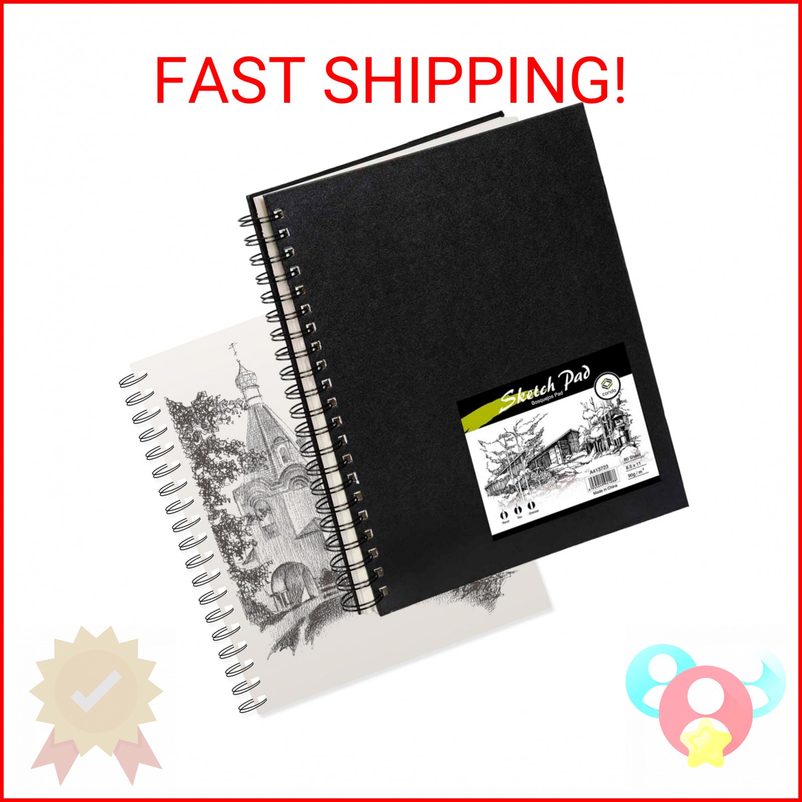 Conda 8.5"x11" Hardbound Sketch Book, Double-Sided Hardcover Sketchbook, Spiral 
