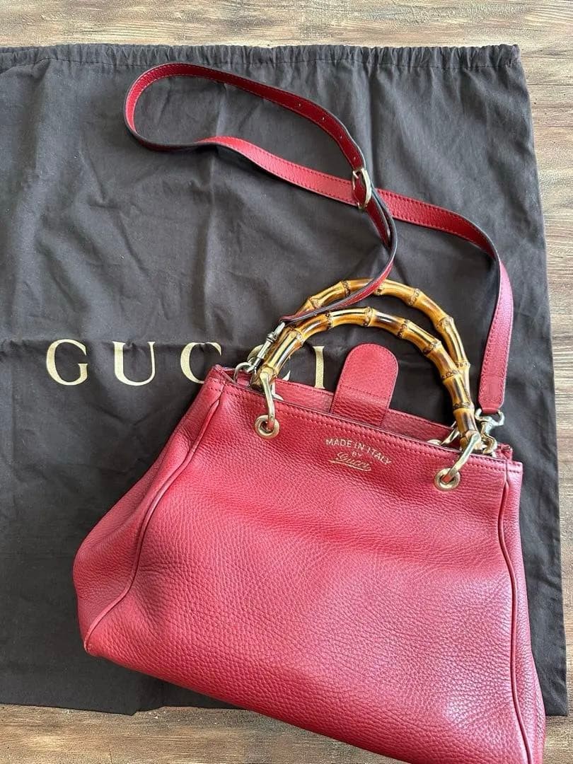 GUCCI 336032 Bamboo Medium Tote Bag Shoulder Bag Leather Red Logo From Japan