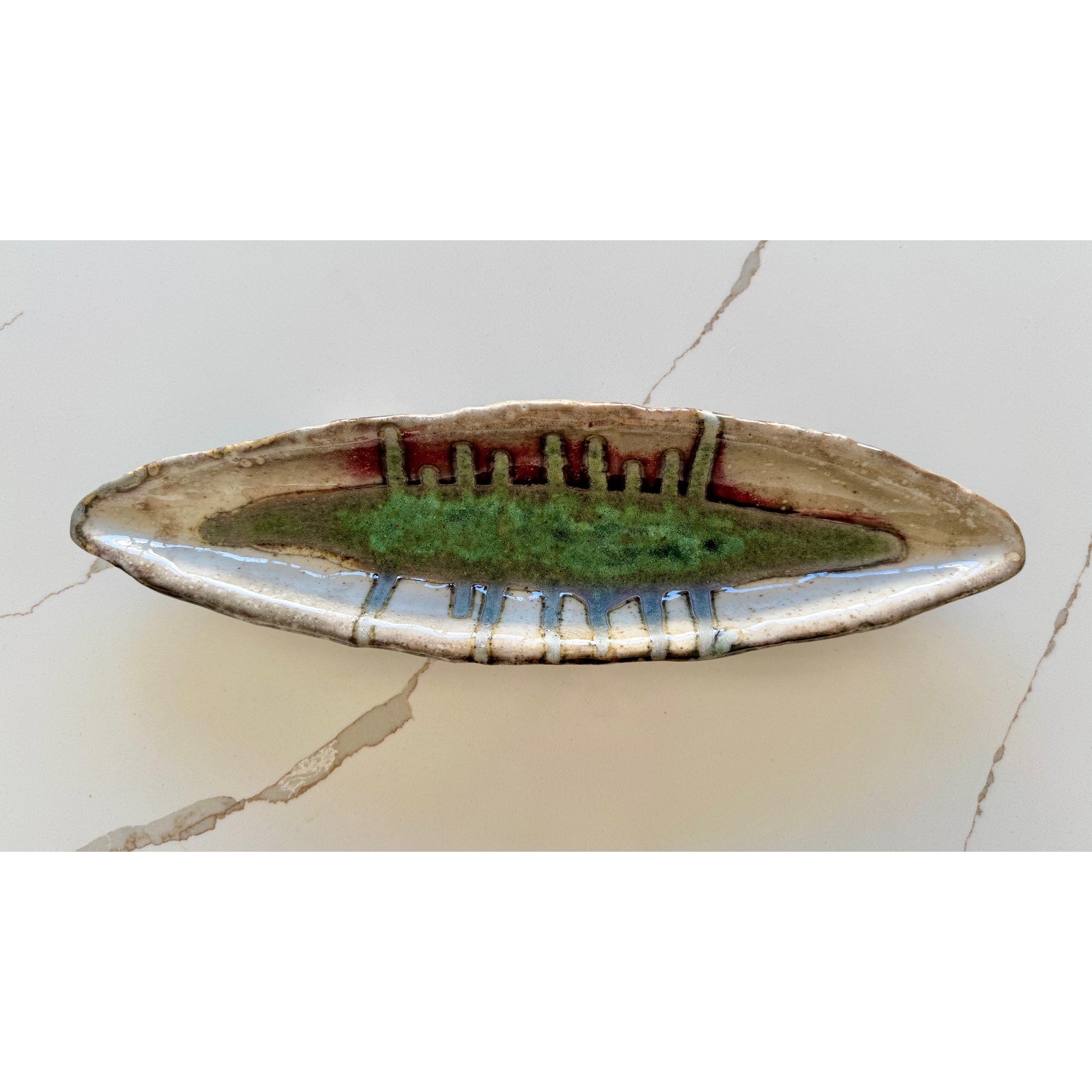 Vintage Studio Pottery Long Boat Dish Modernist Ceramic Tray Green Brown 16in