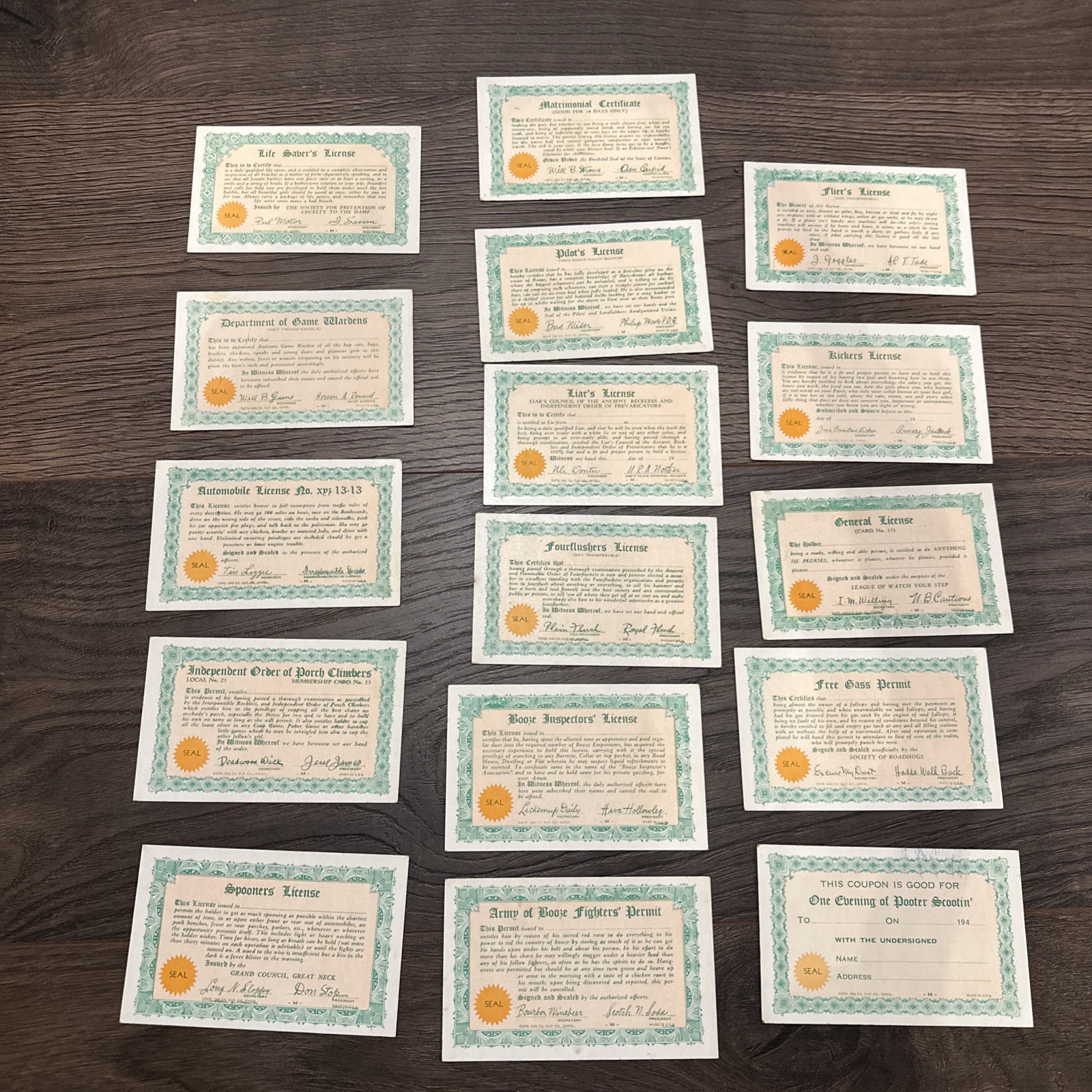 Lot of 16 Vintage Coupons, Permits, Licenses , etc - Humor