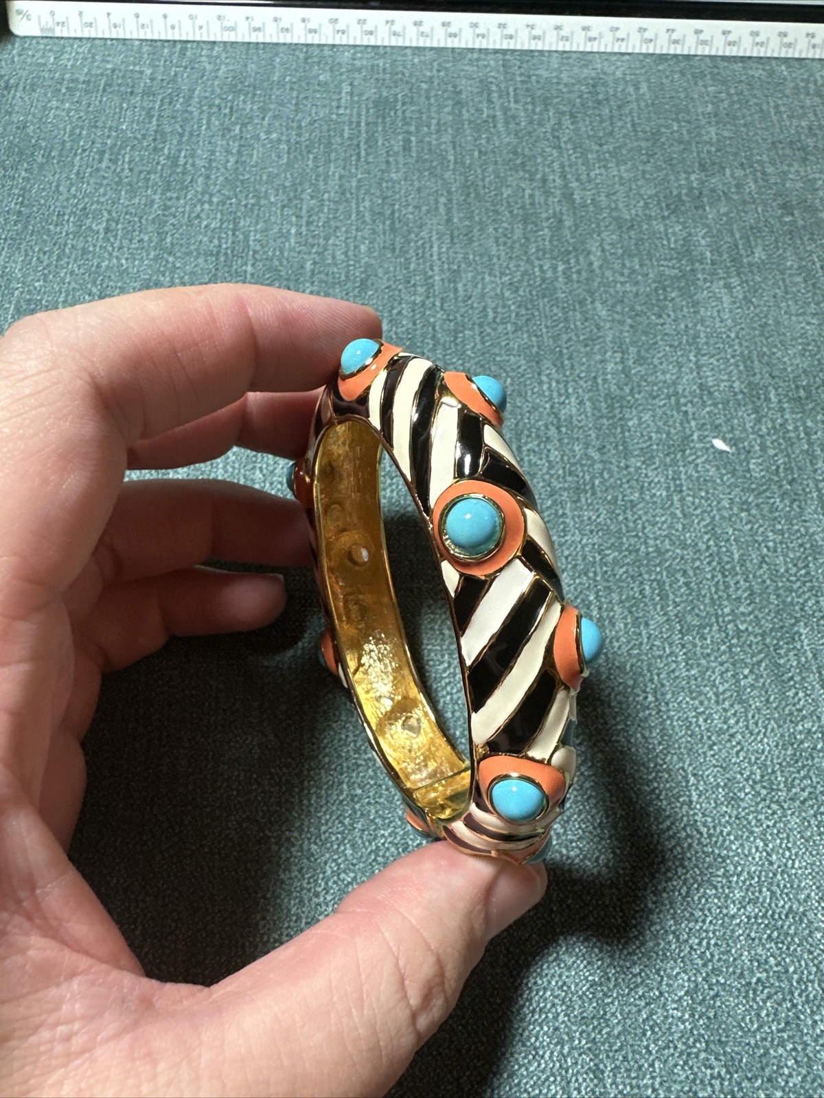 KJL Bangle Bracelet ZEBRA STRIPE TURQUOISE CABOCHONS Gold-Tone Enamel Vtg Signed