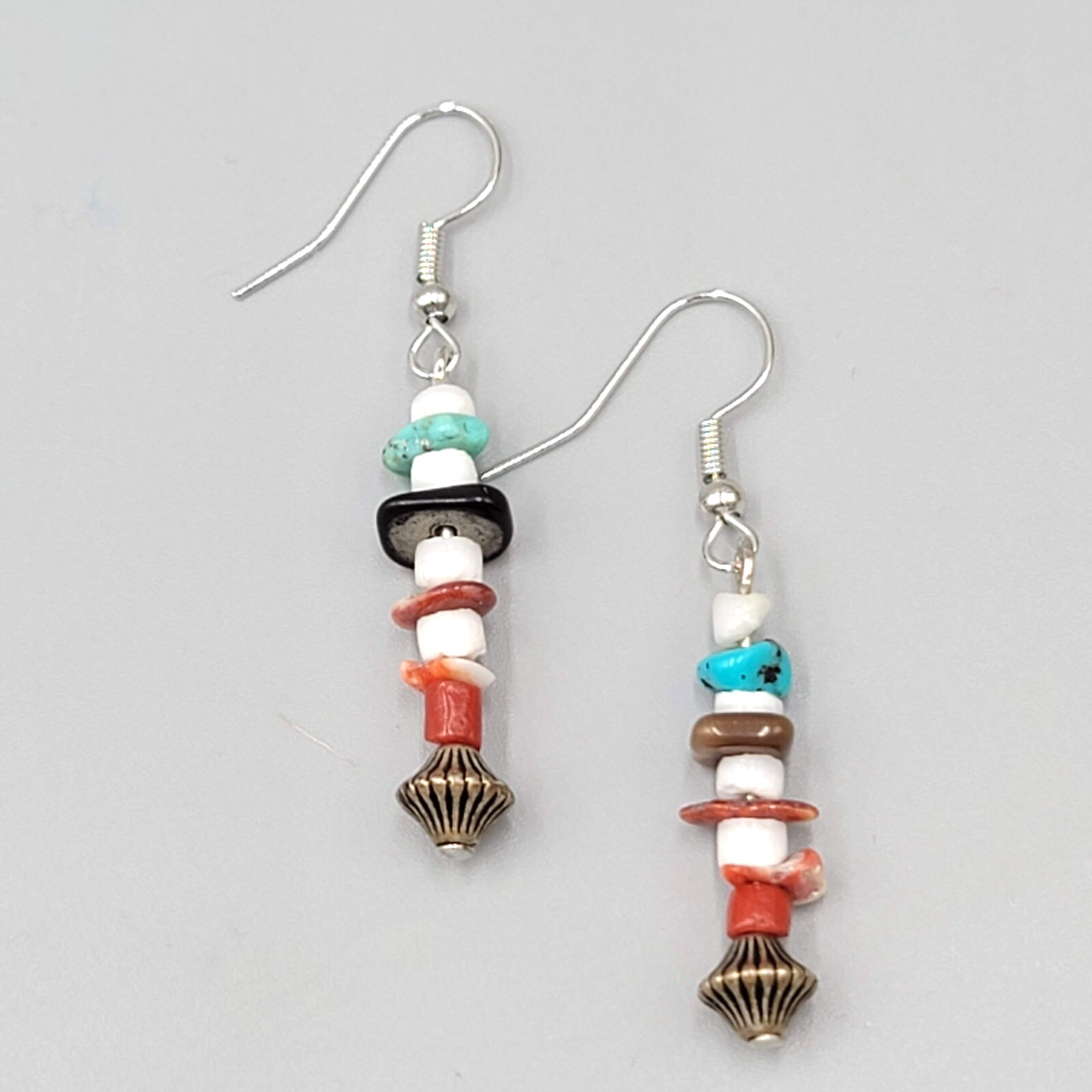 Pierced Earrings Multi Stone Boho Dangle Silver tone 1.25"