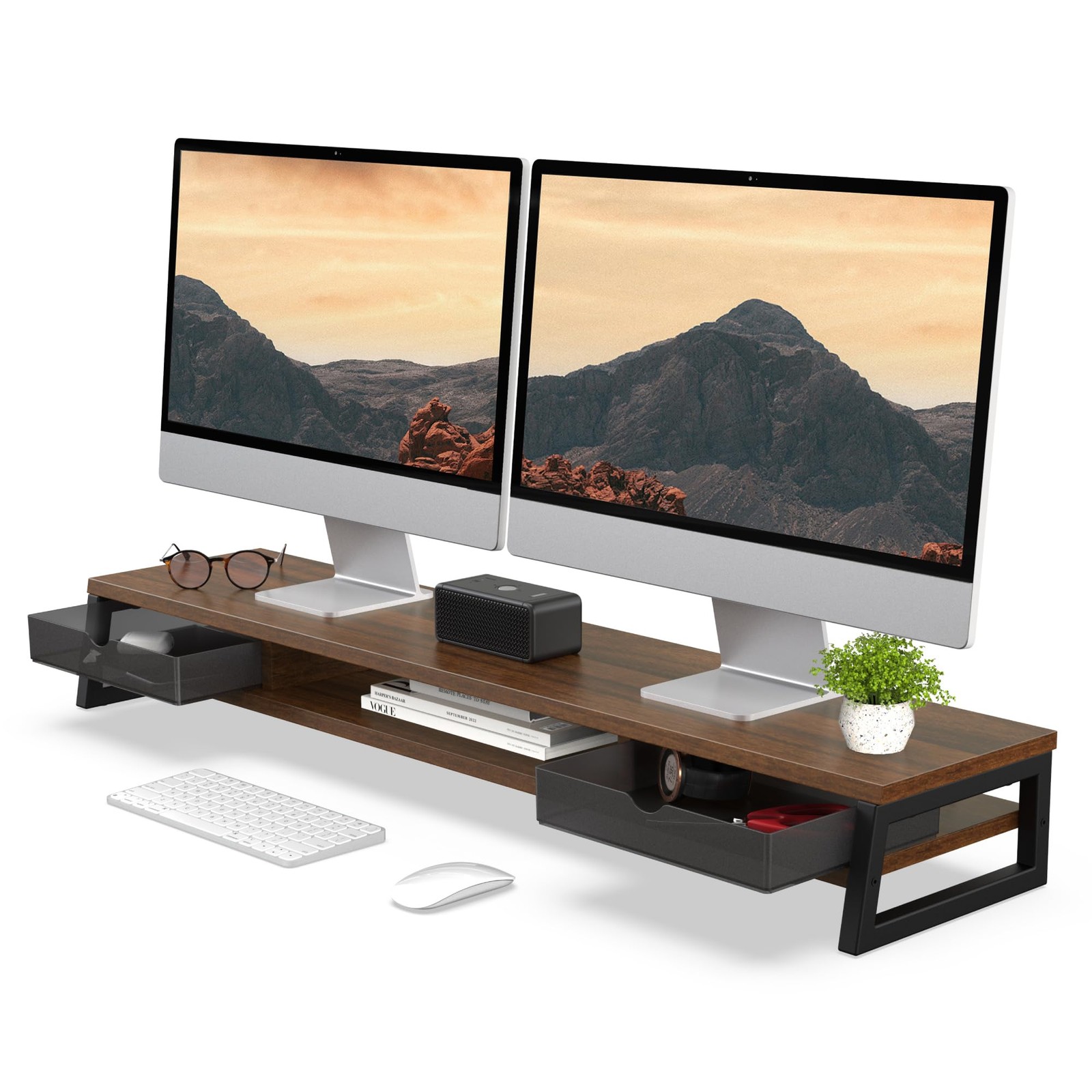 Dual Monitor Stand, Monitor Riser with Drawer, 42.5 Inch Large Computer Monit...