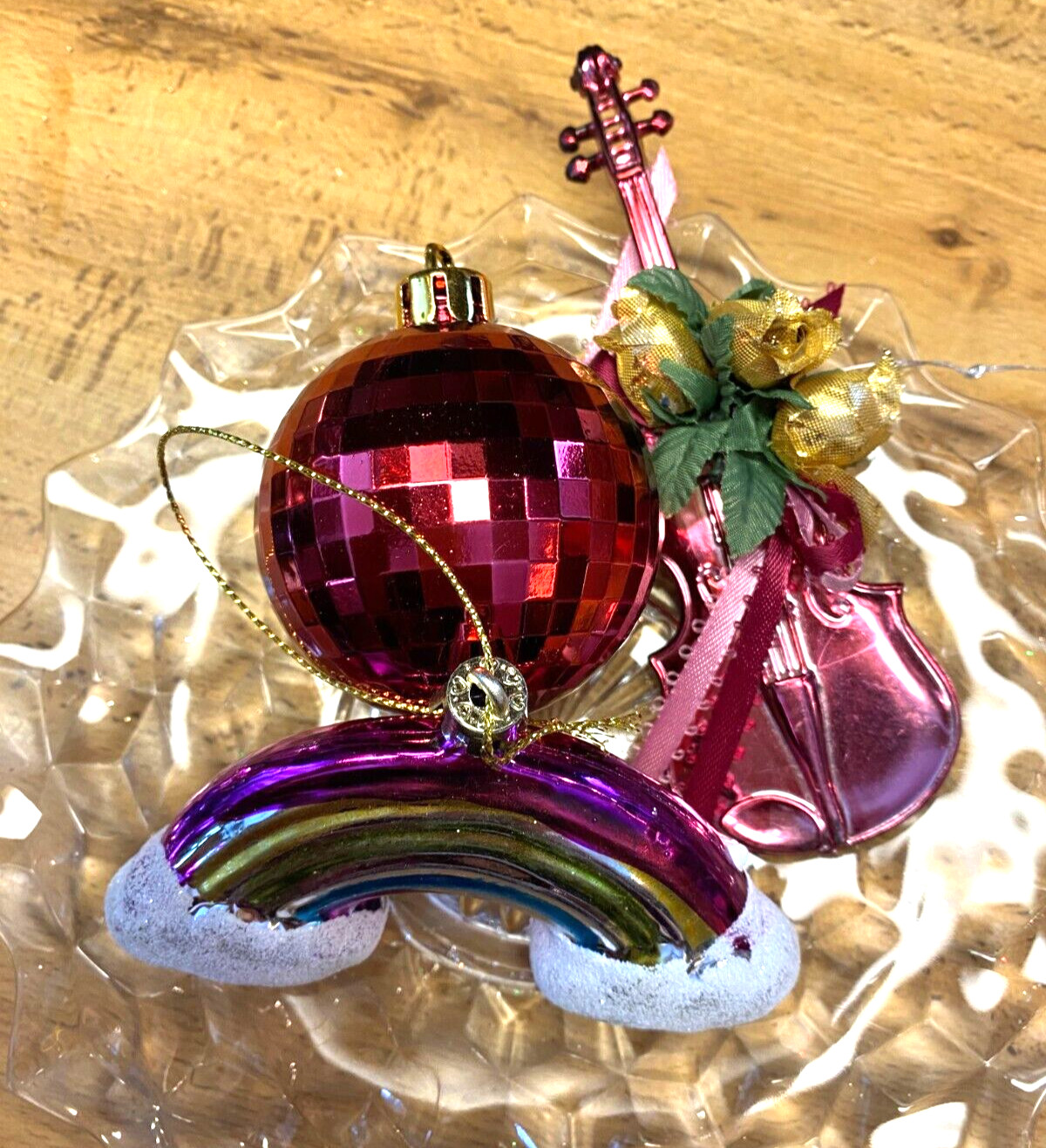 3  Pink Rainbow Multicolor & Violin Textured Plastic Christmas Ornaments