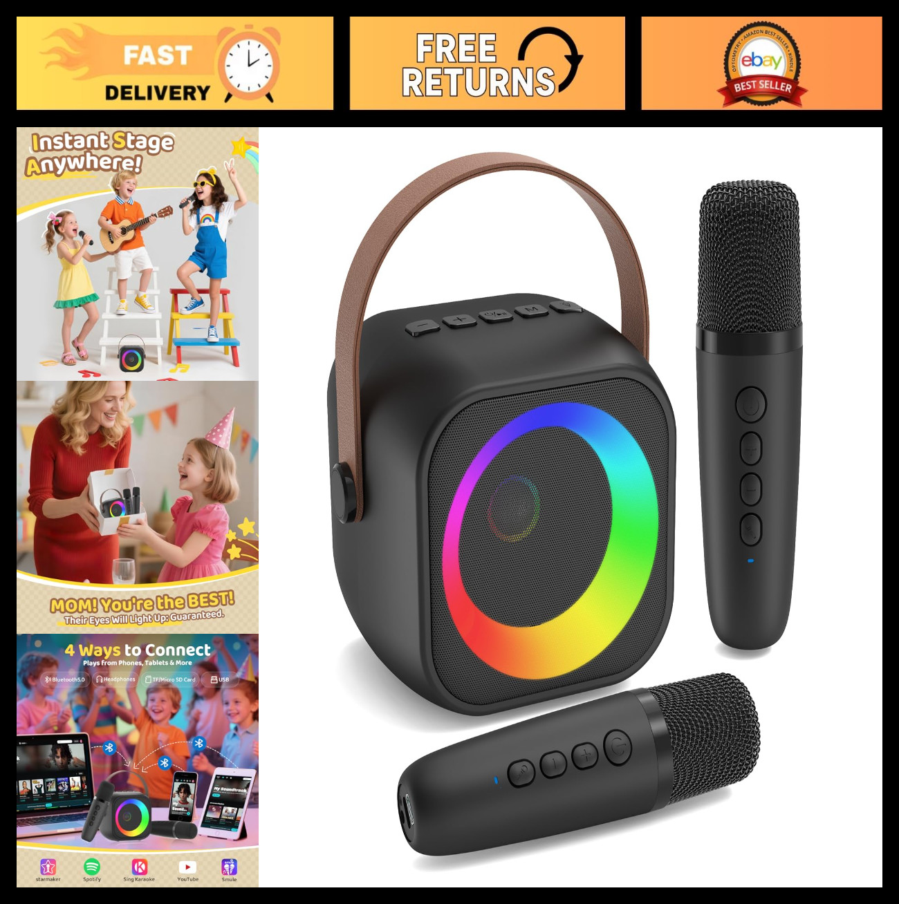 Portable Bluetooth Karaoke Machine with 2 Wireless Mics, Party Lights, Kids & Ad