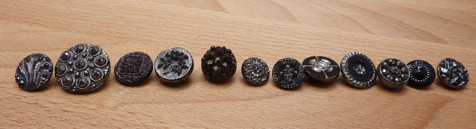 12 Antique Vintage Black Glass Buttons 3/8" to 1/2" (Set BB3)