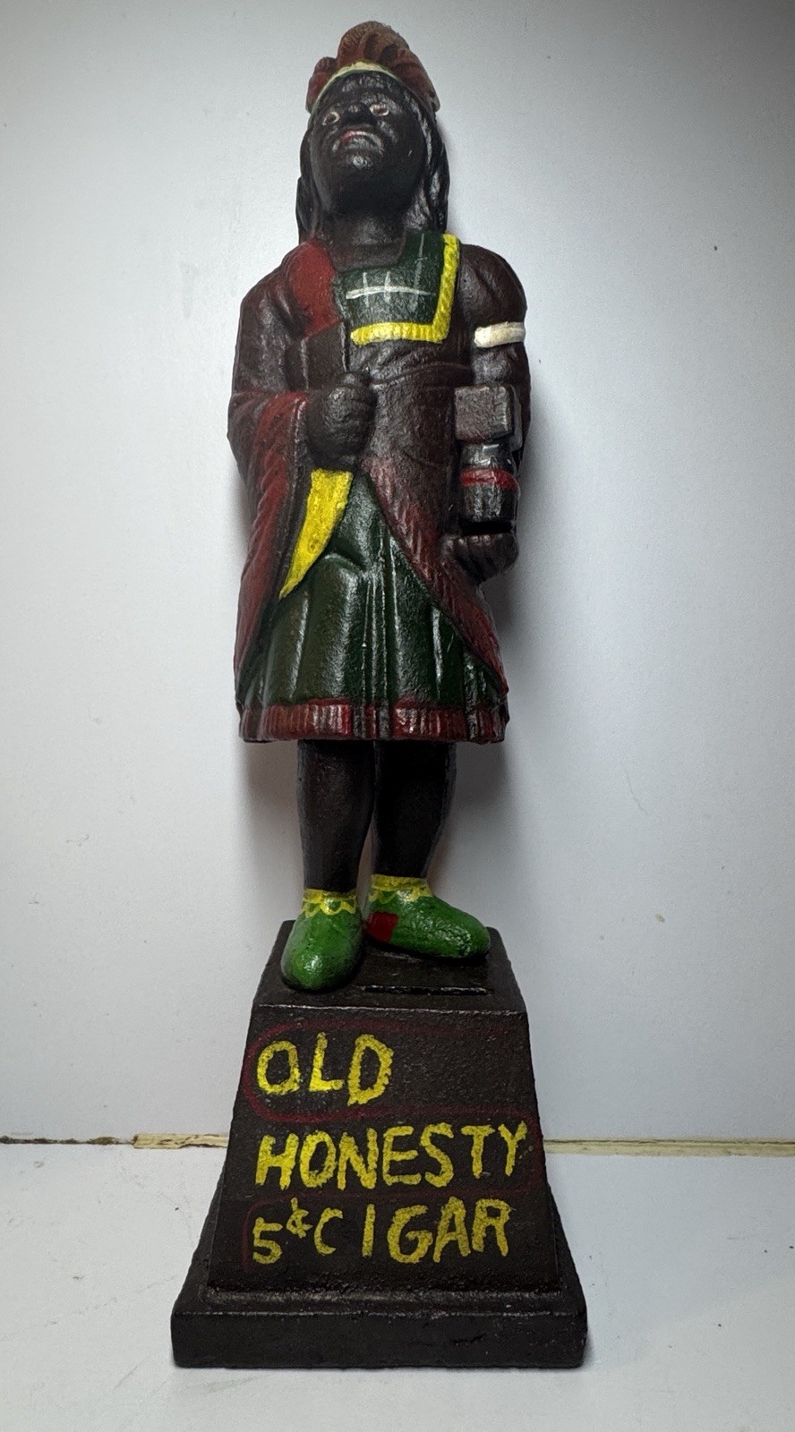 OLD HONESTY 5¢ CIGAR Indian Chief 13” Tall Heavy Cast Iron Tobacco Coin Bank