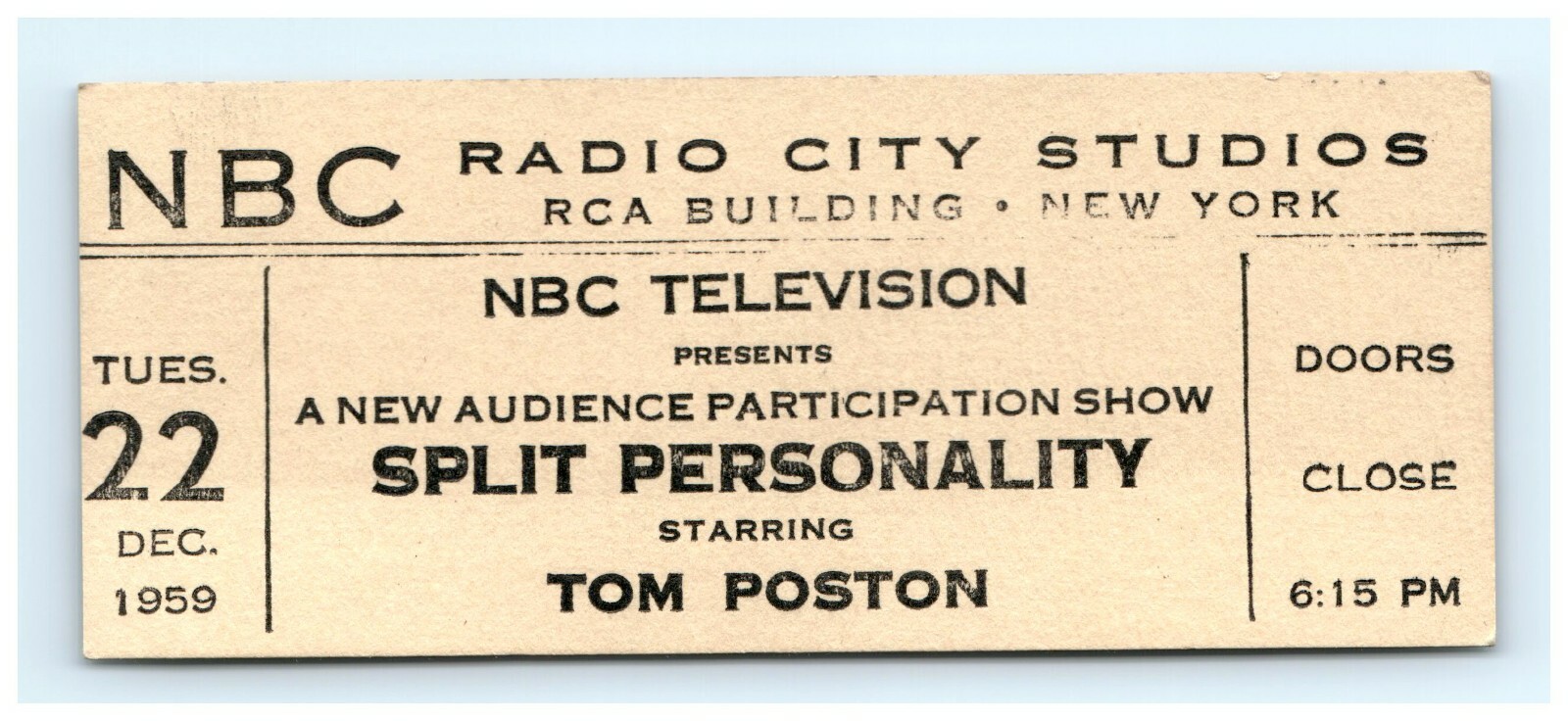 1959 Ticket - NBC Radio City Studios Split Personality Starring Tom Poston