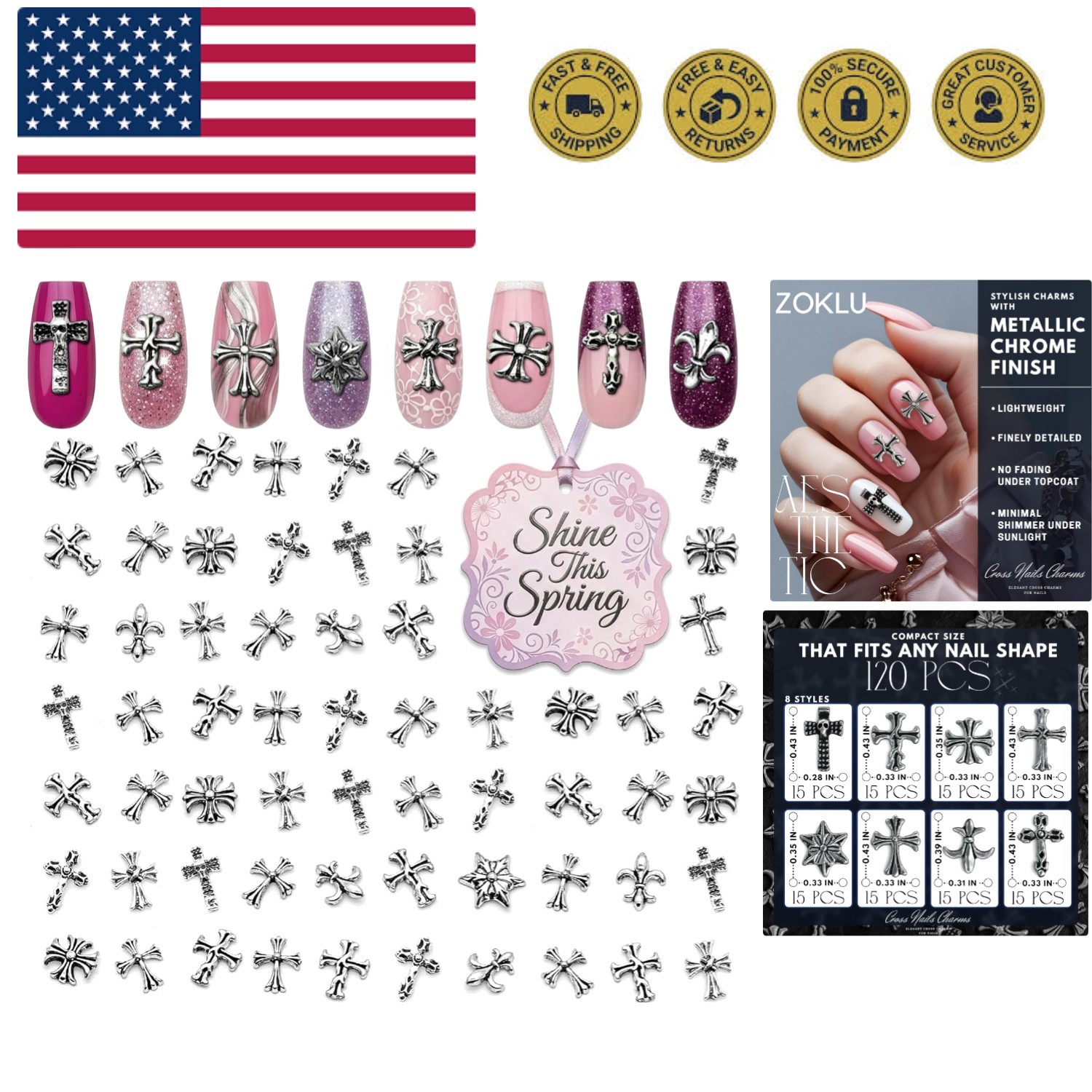 120 Pcs Cross Nail Charms and Gems – 3D Acrylic Silver Cross Charms for Nails...