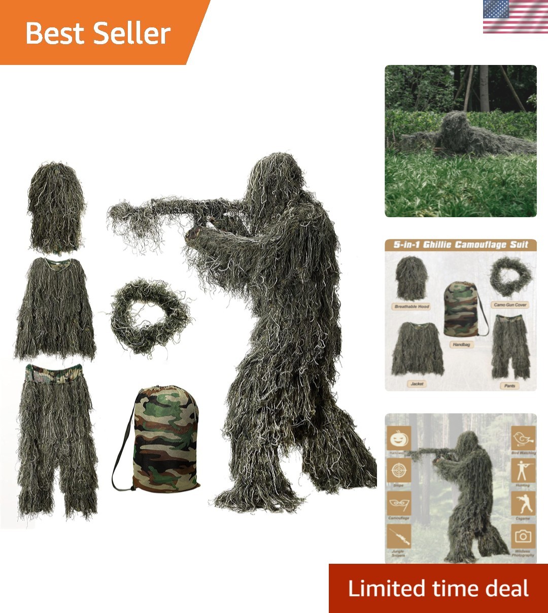 5-in-1 Ghillie Suit - 3D Camouflage Hunting Apparel for Adults & Youth, XL/XXL