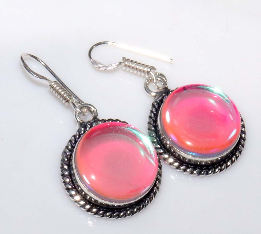 925 Silver Plated Round Pink Aqua Mystic Earrings 1.5" Holiday Glam Jewelry GW