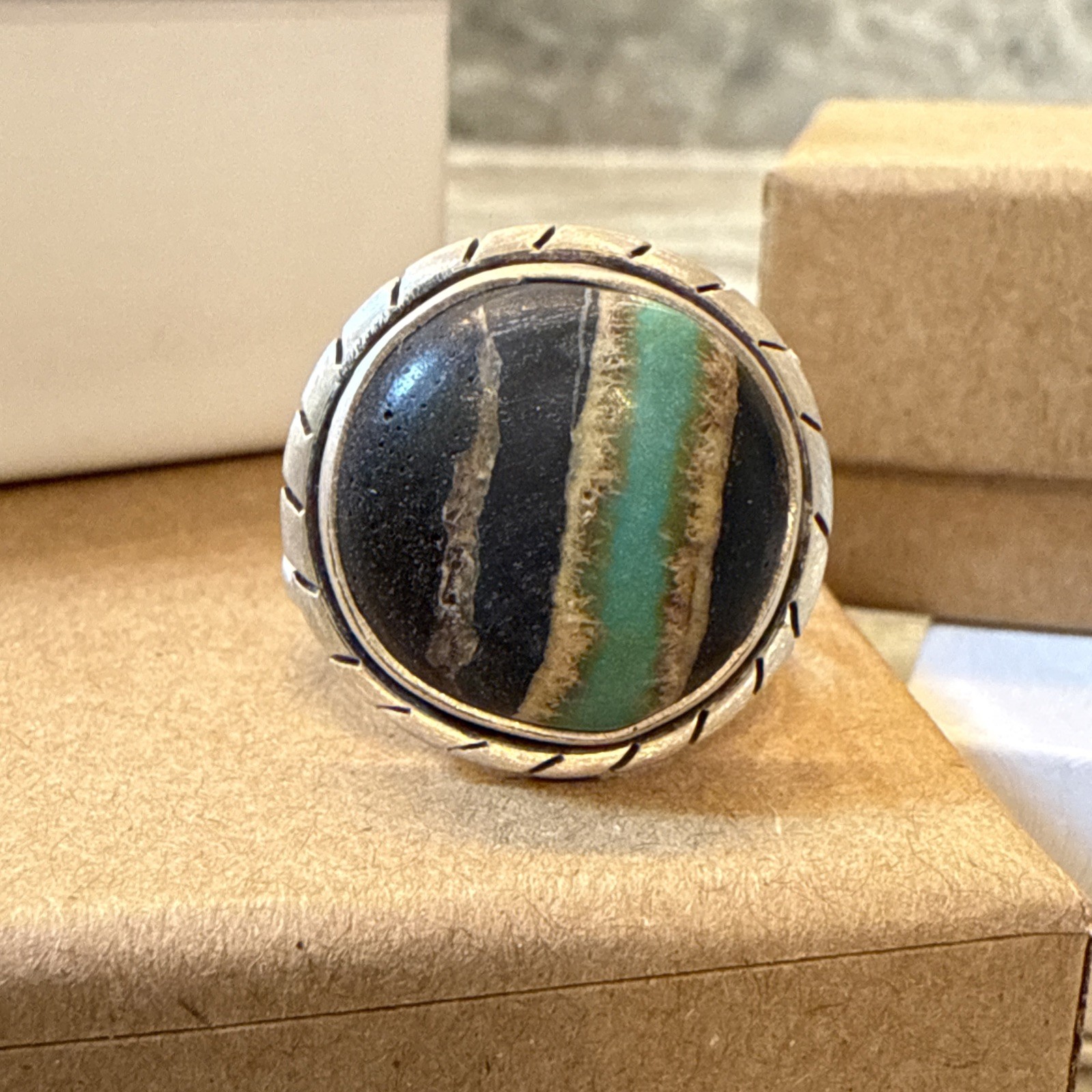 BLACK JACK TURQUOISE Ring Navajo Southwestern Matte Sterling Silver Adjustable