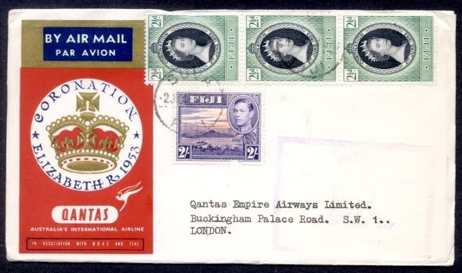FIJI 1953 QANTAC CORONATION AIR TO UK