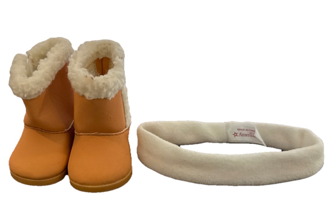 Retired American Girl Doll Tan Boots White Faux Fur Trim & White Fleece Headband