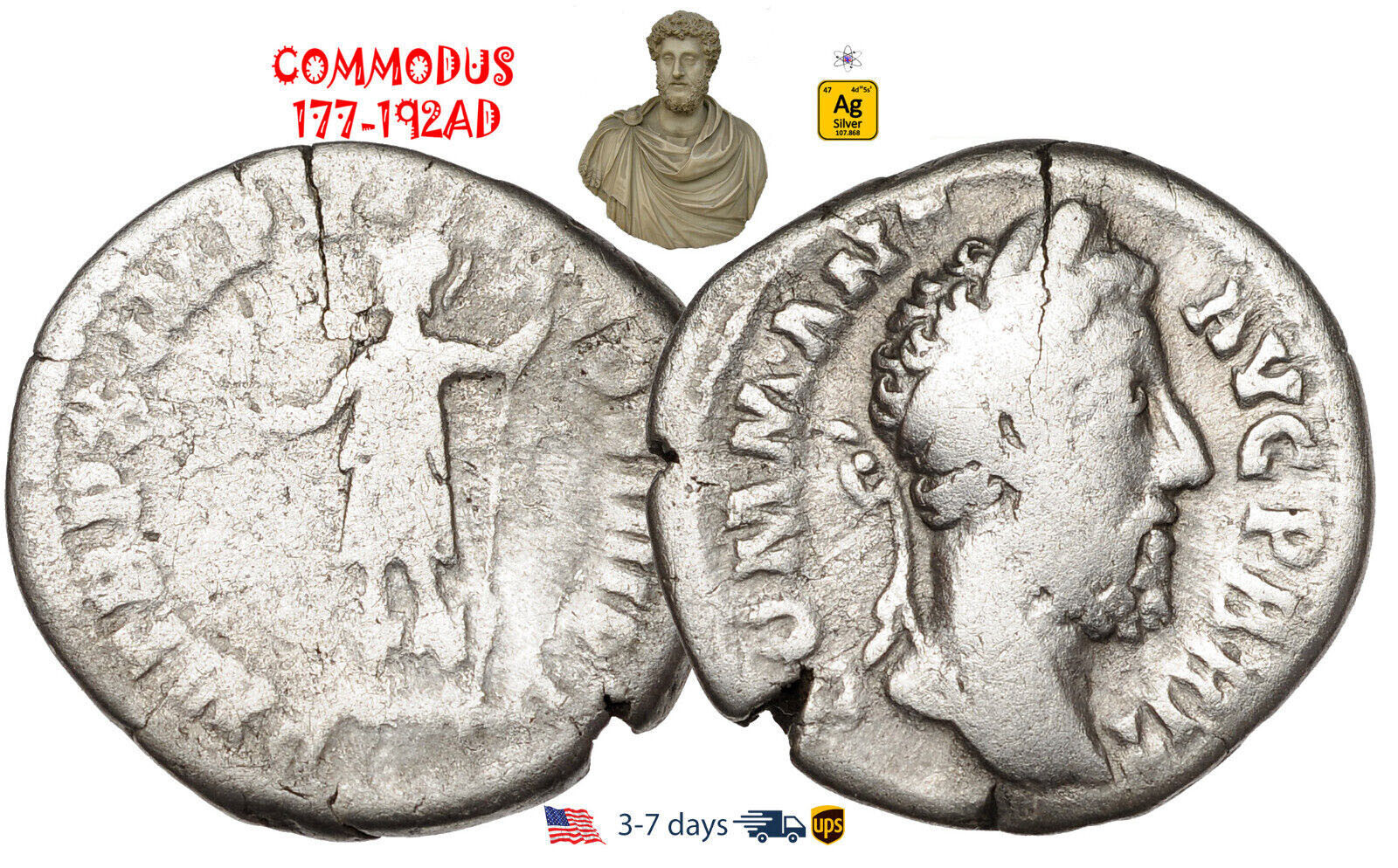 Ancient Roman Empire Coin Silver Denarius COMMODUS 177 - 192 AD Authentic #30188