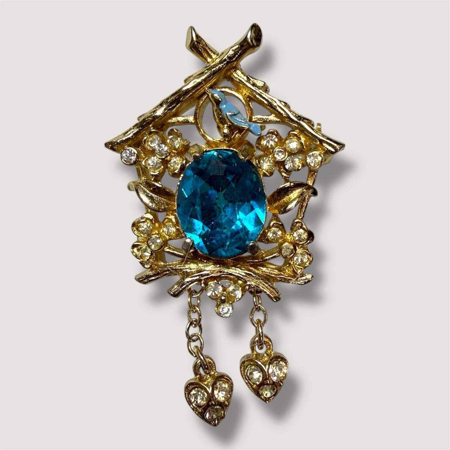 Vintage CORO Bird House Aqua Rhinestone Enamel Brooch Pin Cuckoo Clock