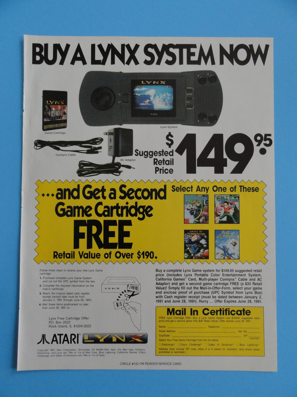 LYNX ATARI GAMING SYSTEM VINTAGE PRINT AD 8.5"X 11" - 1991