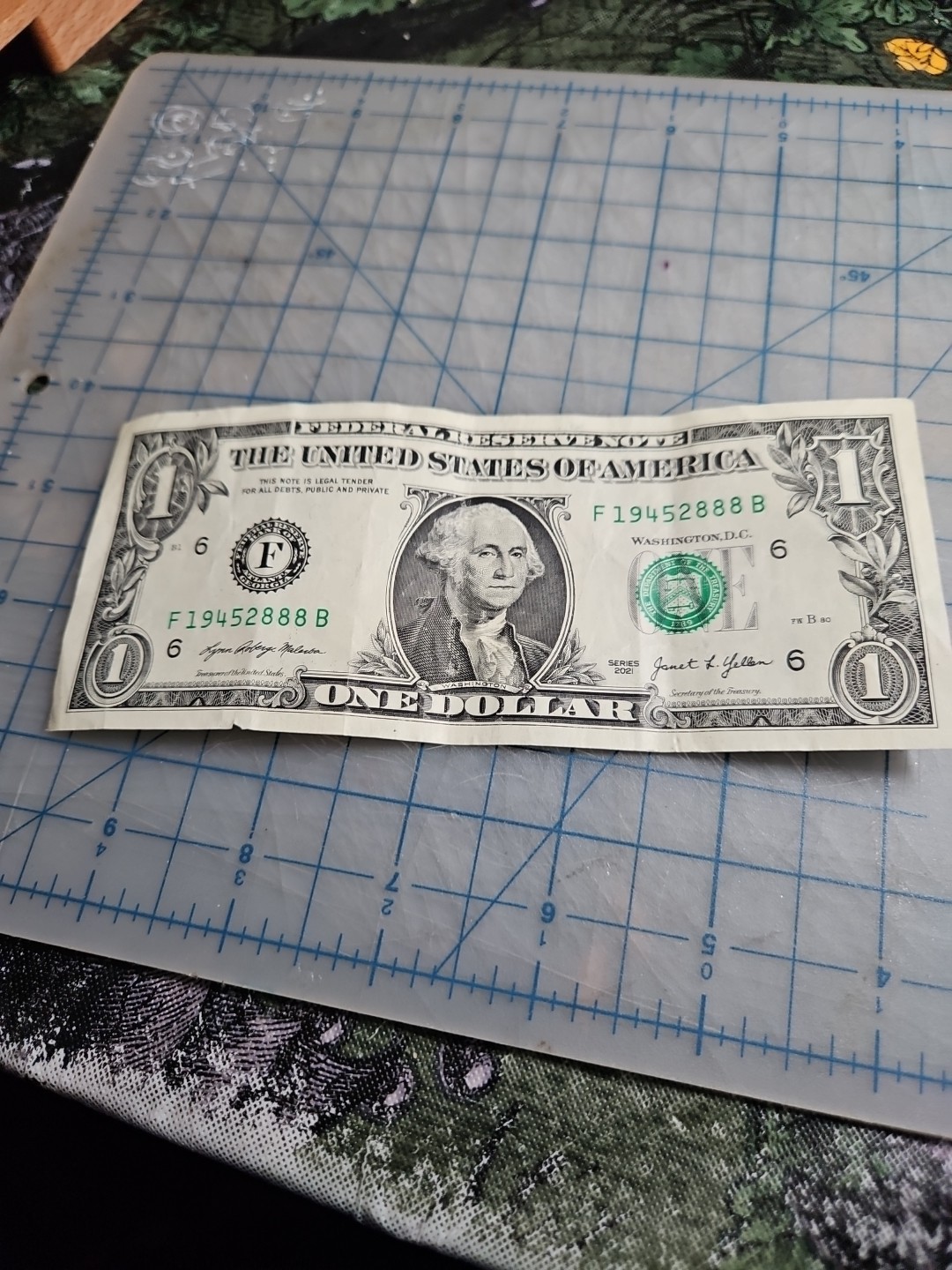 Trinary Fancy Serial Number One Dollar Bill F19452888B