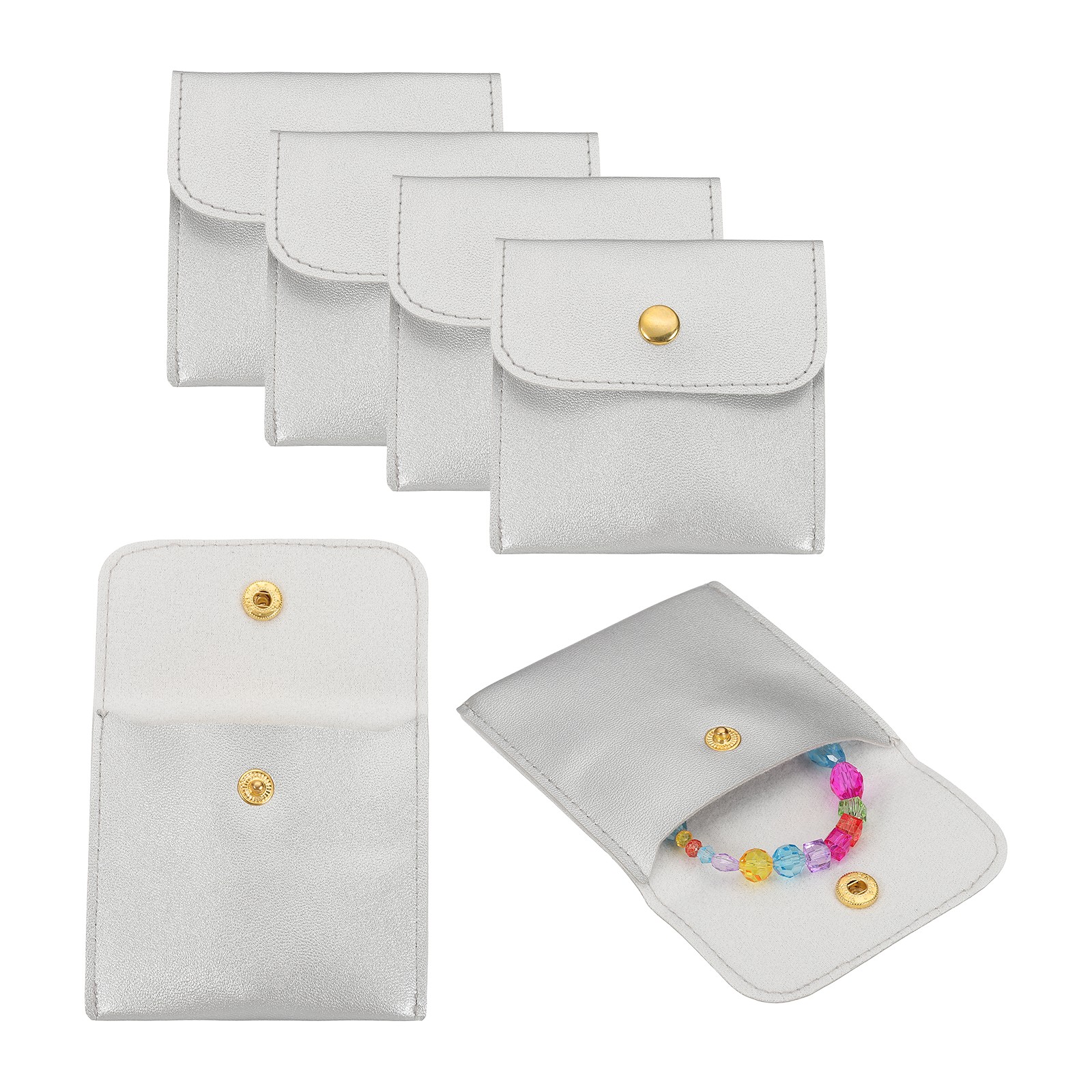PU Leather Jewelry Bag, 6Pcs 8 x 8cm - Jewelry Pouch with Snap Button (Silver)