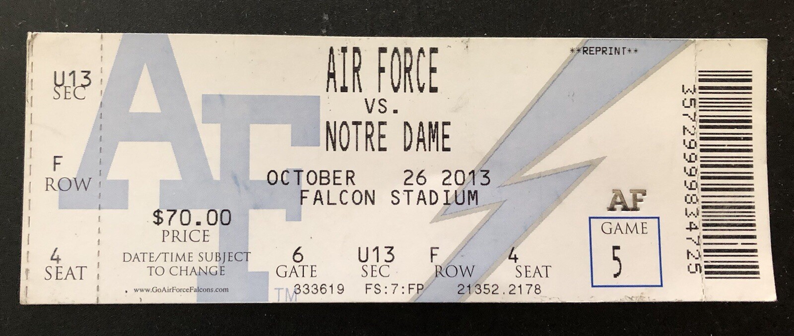 2013 Air Force vs. Notre Dame, 10/26/2013, Collectible Ticket.