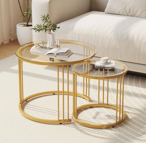  Nesting Coffee Table, 23.6" Round Coffee Table Set of 2 Nesting Glass Gold