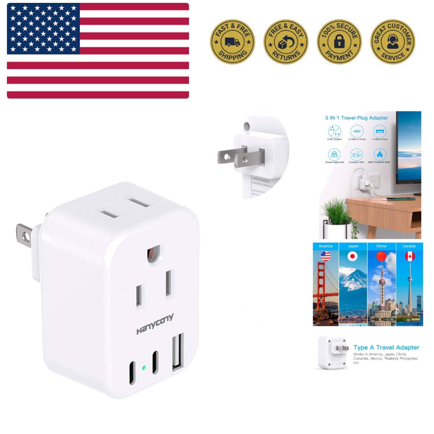 to Japan Plug Adapter, Japan Power Travel Adpter with 2 Outlets 3 USB Ports2 ...