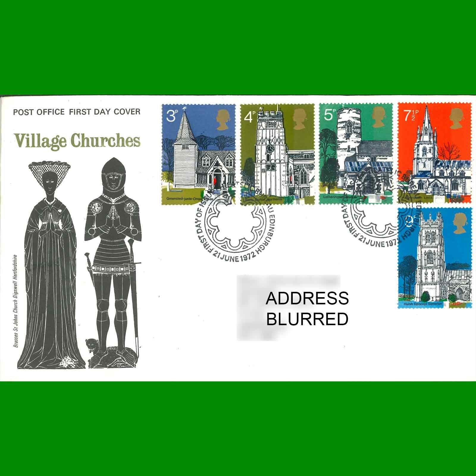 UK FDC Village Churches Commemorative Post Office First Day Cover, 21.6.1972