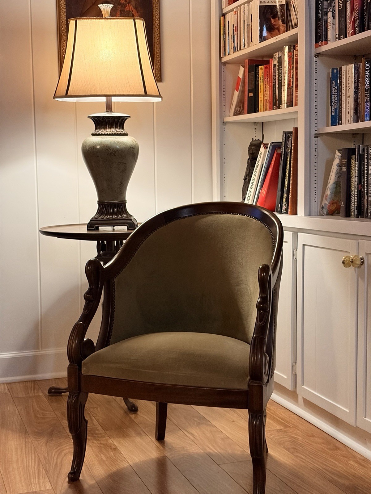 Two Antique French Empire Armchairs Two Round Tables Two Lights