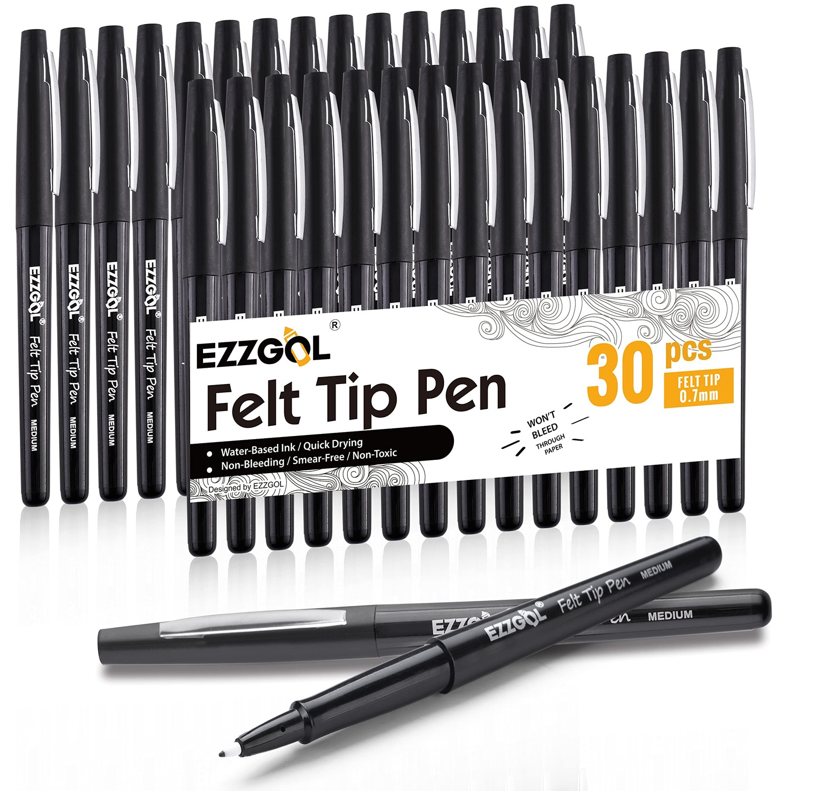 Ezzgol Black Felt Tip Pens, 30 Pack, 0.7mm 1 Count (Pack of 30), 