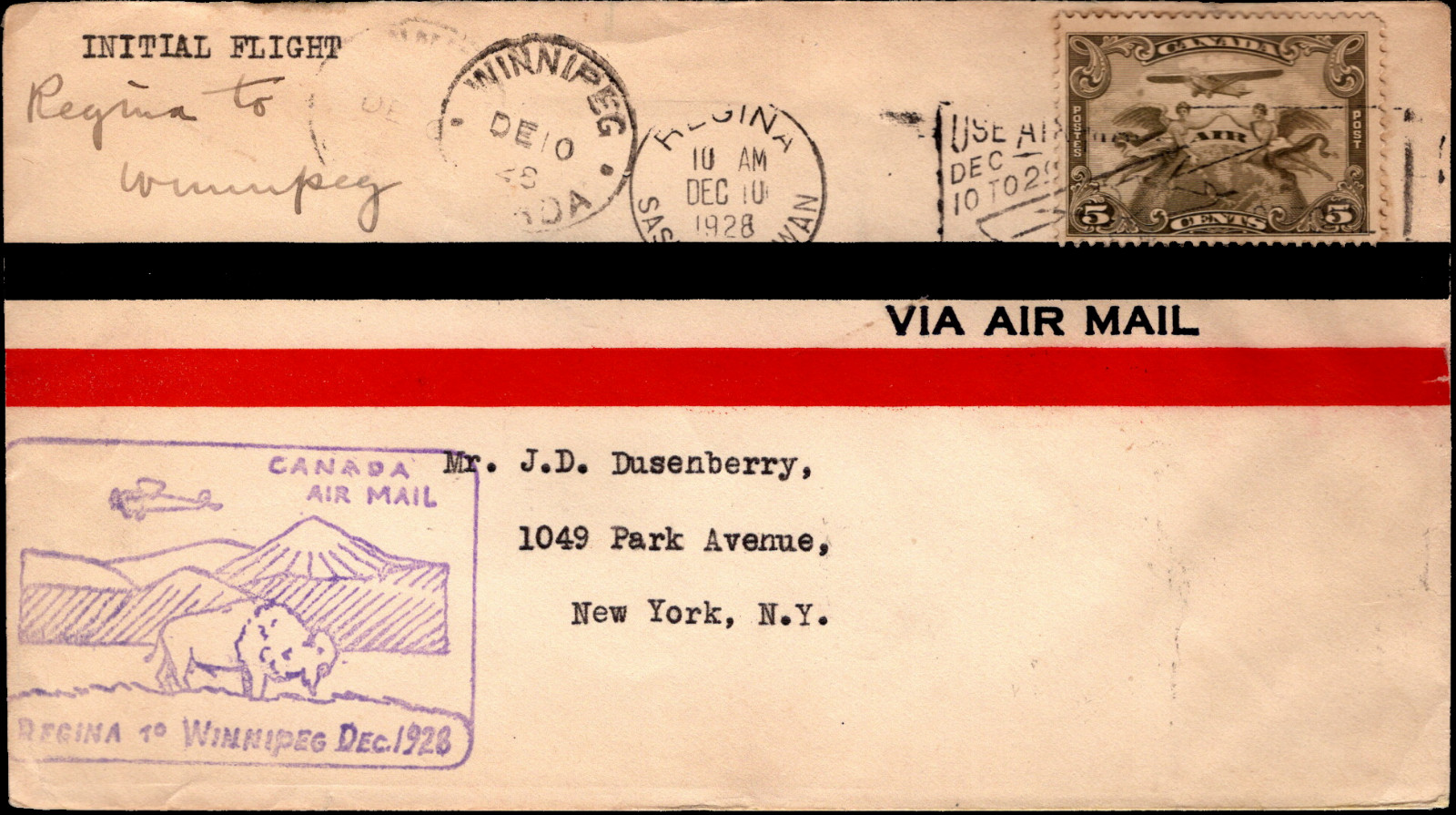 1928 Canada Regina Winnipeg Initial Airmail Flight Cover Dec 10