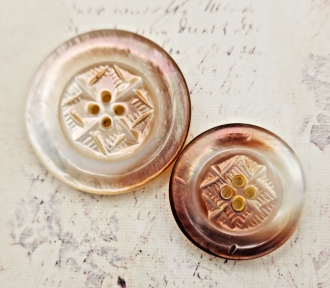 Antique Mother Daughter Carved Pearl Shell Buttons ~ 1-1/16" and 7/8"