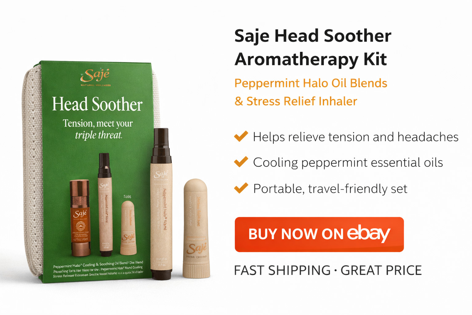 Saje Head Soother Kit Peppermint Halo Cooling Oil Stress Release Inhaler New