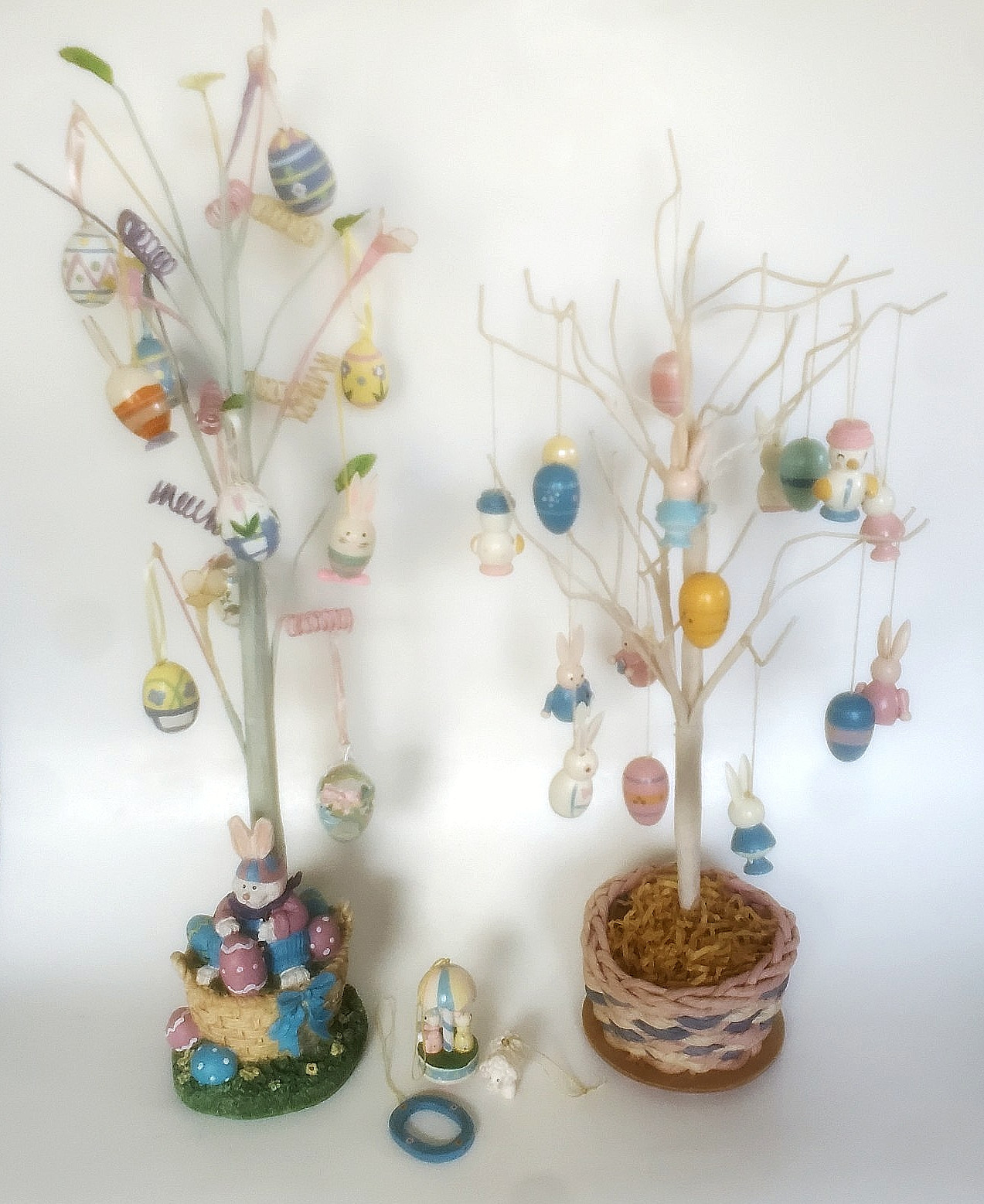 90s Whimsical Easter Decorated Holiday 2ct Tabletop Trees/Bunny Rabbits Eggs Vtg