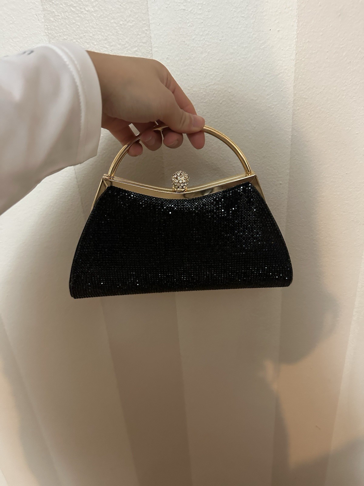 Black Beaded Evening Bag with Gold Handle and Decorative Clasp