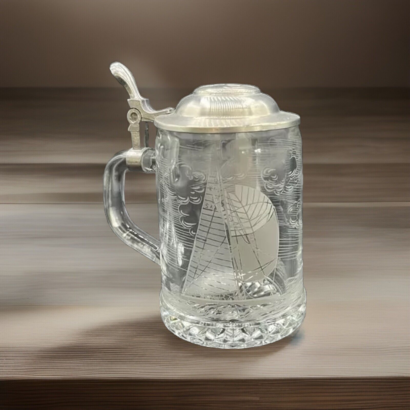Alwe Glass Germany Etched Beer Stein w/pewter lid Sailboat No Chips Or Cracks