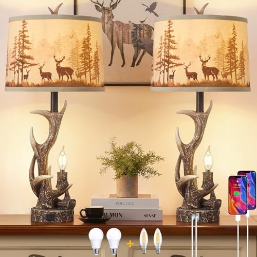 2PACK Included 4 Bulbs for Bedroom, 28'' Farmhouse Rustic Antler Table Lamps
