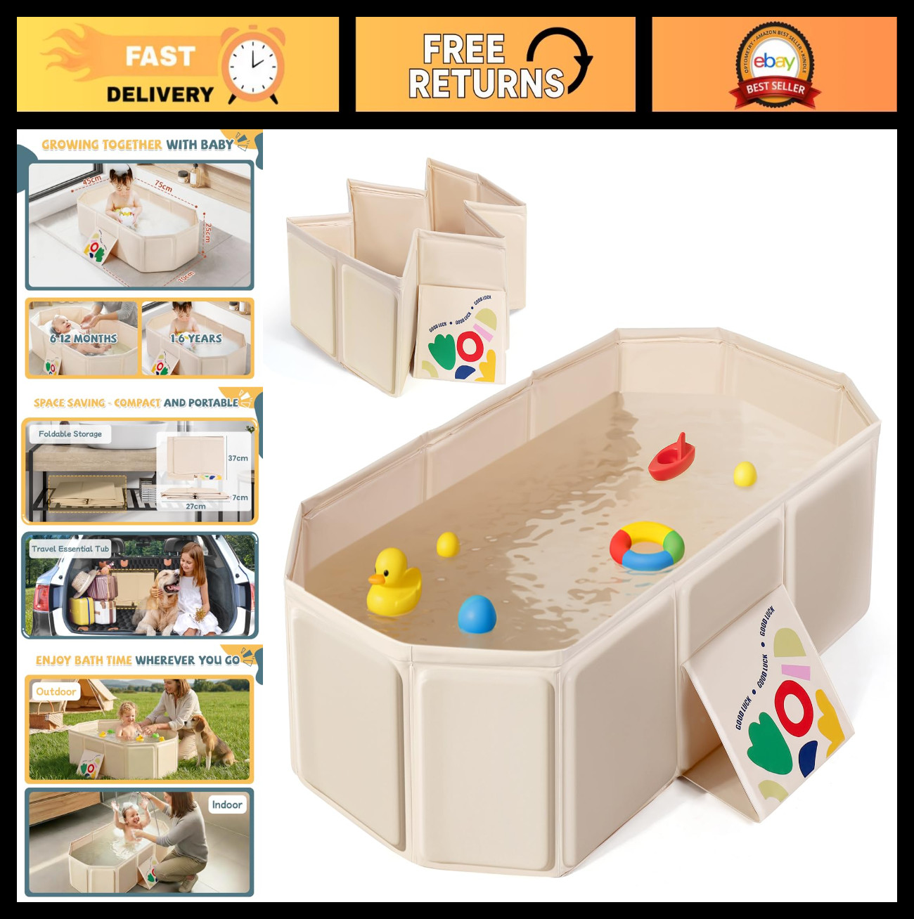 Collapsible Portable Baby Bathtub - Non-Slip Toddler Bath Tub, Easy Clean, Trave