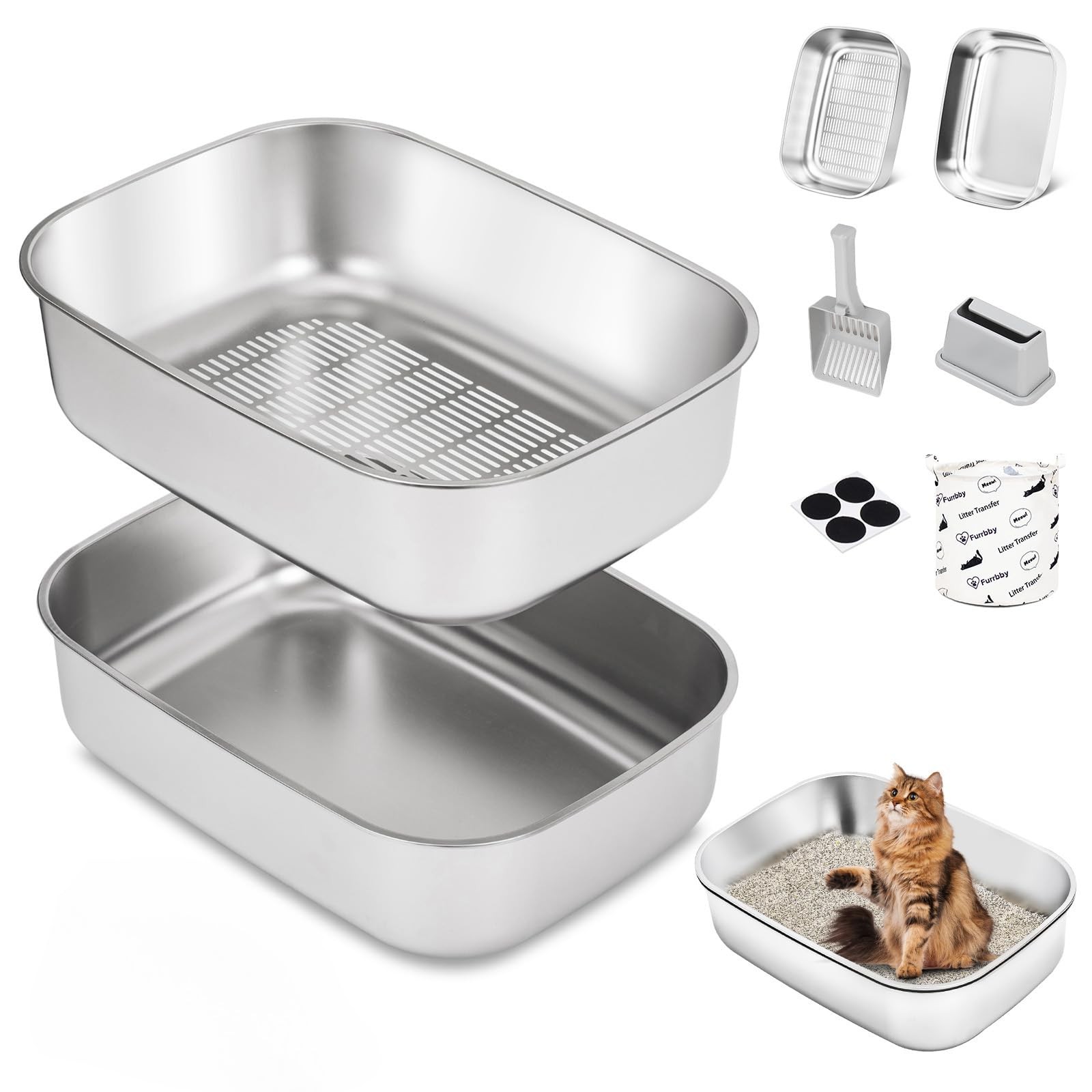 Stainless Steel Sifting Litter Box X Large 22.8 16.1 6.5 inch Metal Scoop Cats