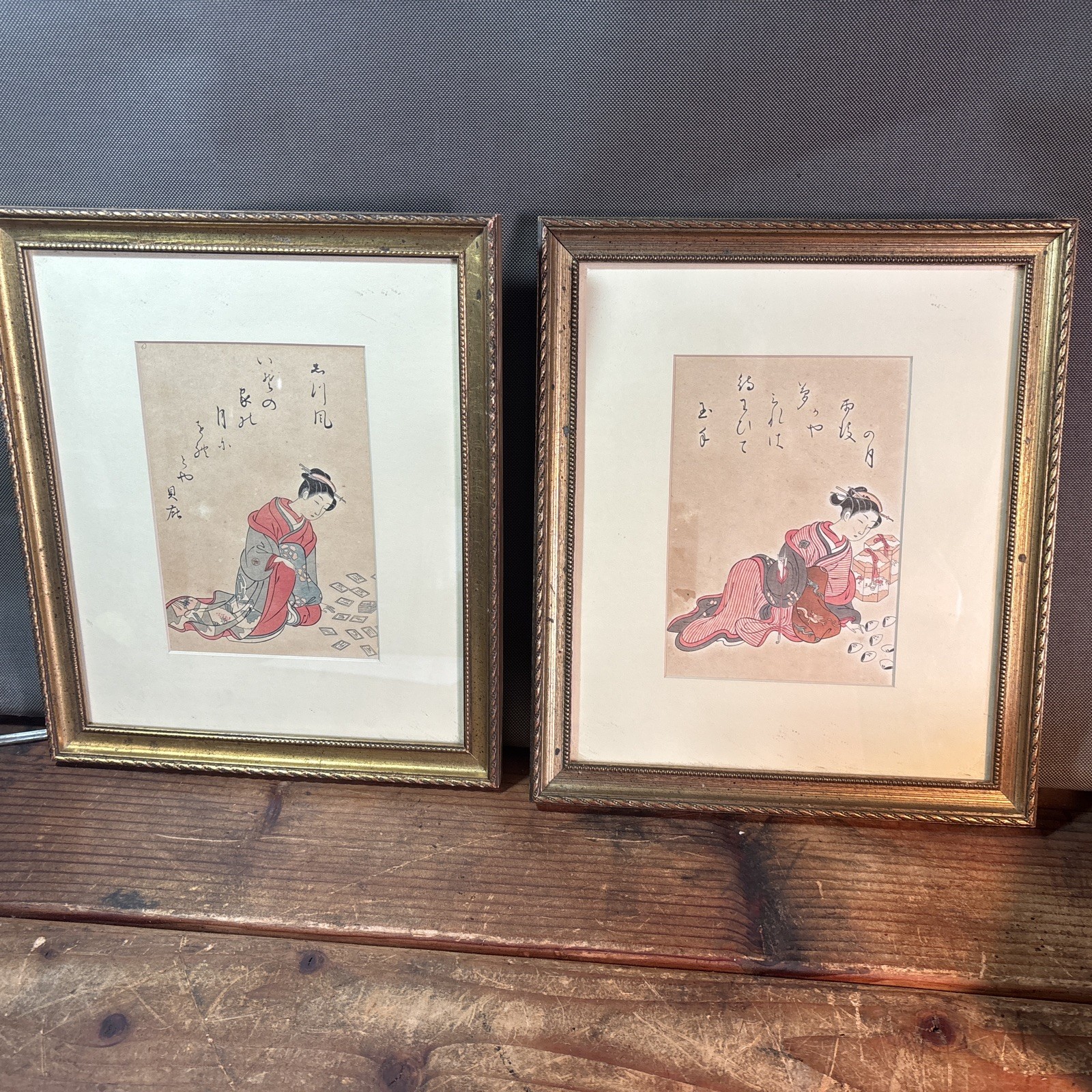 Framed Japanese Woodblock Prints Pair Harunobu Reproductions Kai‑awase Isshu