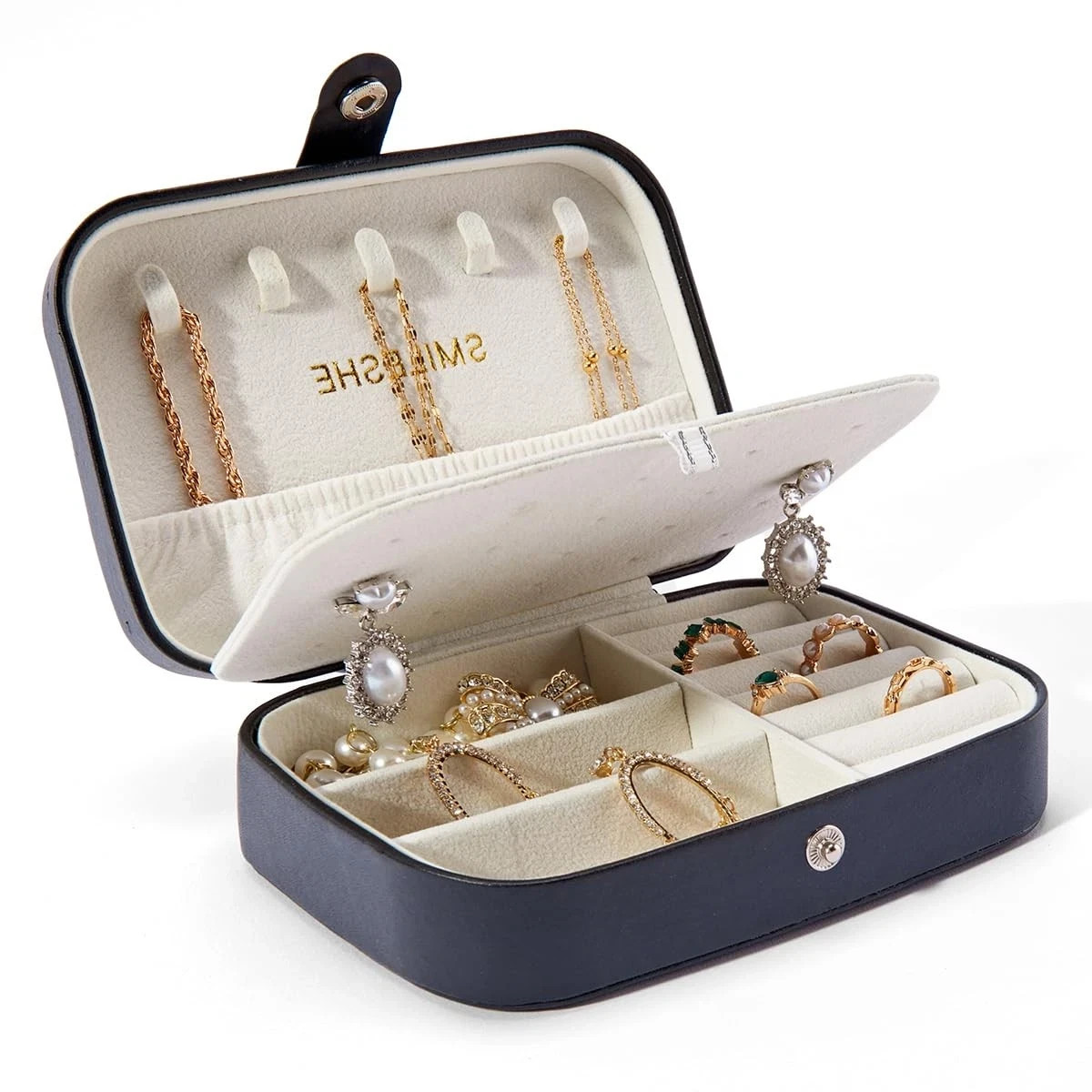 Jewelry box, pu leather small portable travel case, 2 layers organizer storage