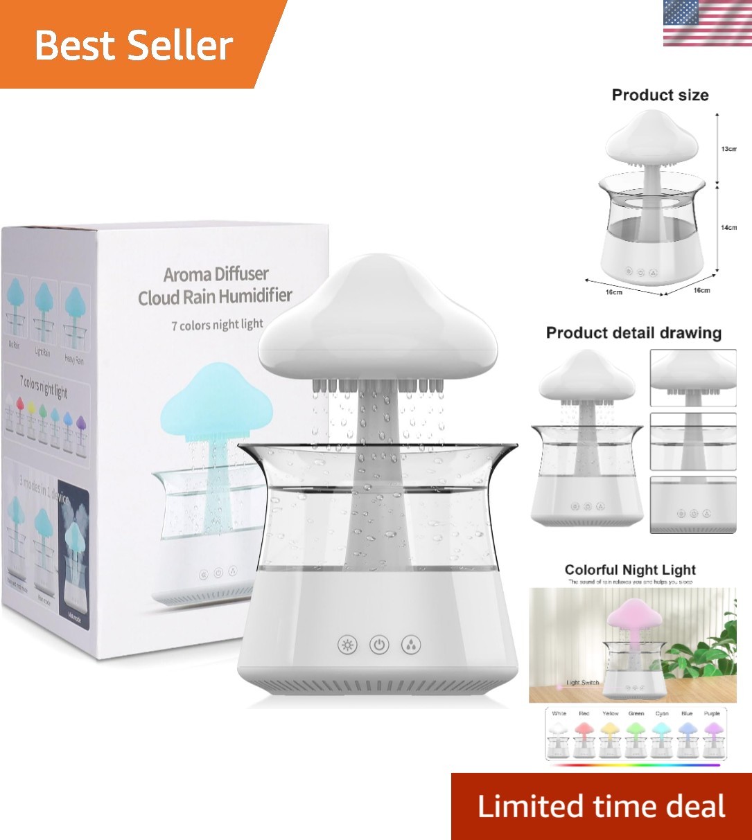 Cloud Rain Humidifier for bedroom with Soothing Rain Sounds Sleep Aid, Waterf...