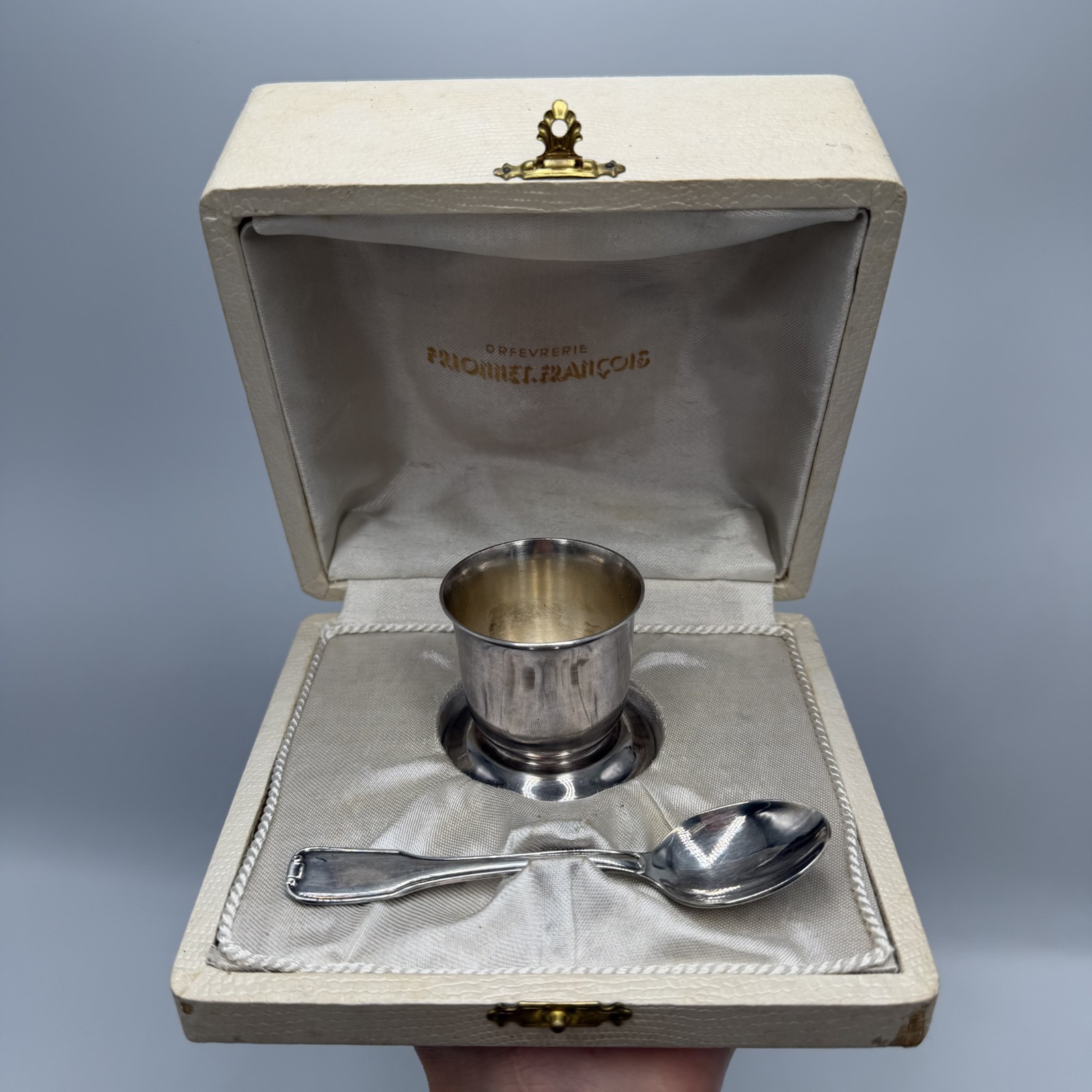 1960s Vintage French Christening Set Frionnet François Silver Egg Cup Baby Spoon